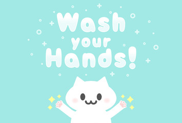 ハッピー・手洗い・消毒・感染予防イメージ素材：手洗い・消毒を促すかわいいポスター・喜ぶ白猫