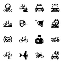 16 transportation filled icons set isolated on white background. Icons set with Bike rental, Bike tour, Taxi service, bicycle parking, pet trailer, wheelbarrow, Autopilot icons.