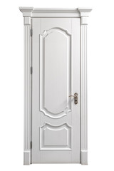 White classic wooden door isolated on white background. The doors are decorated with classic...