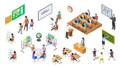 Isometric school. 3d college, teachers board and students. University elements, lecture room and furniture, tables and chairs. Education vector set. Education college, board and furniture illustration
