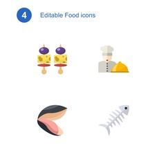 4 food flat icons set isolated on . Icons set with starters, chefs dish, mussel, fish bone icons.