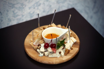 Light, beautifully decorated morning breakfast on a wooden tray