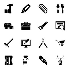 Fototapeta premium 16 tool filled icons set isolated on white background. Icons set with Handicraft, Marker, Paperclip, measuring, toolbox, Hand saw, Rake, Digital illustration, Gardening tools icons.