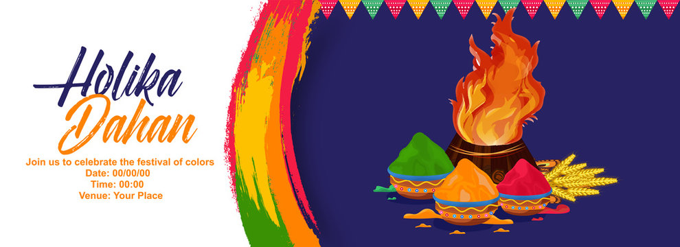 Happy Holika Dahan . Holika Dahan holi card with bonfire and wheats and  buckets of colors. Stock Vector | Adobe Stock