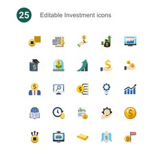 25 investment flat icons set isolated on . Icons set with Tokens, Accounting, Investor, Business education, Business incubator, growth, Entrepreneurship, analytics app icons.