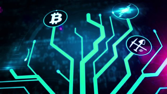 Growing digital tree with Bitcoin, cyber banking, money, cryptocurrency mining, blockchain technology symbols 3d rendering abstract concept animation. Futuristic icons modern background.