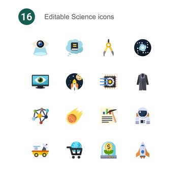 16 science flat icons set isolated on . Icons set with Vision, Knowledge, Compasses, Computer Vision, space exploration, Machine learning, Neural network, asteroid, Data mining icons.