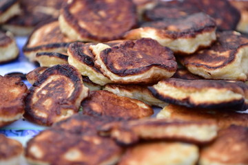 Delicious pancakes on a tray.