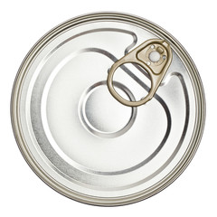 Top view of metal tin can, isolated on white background