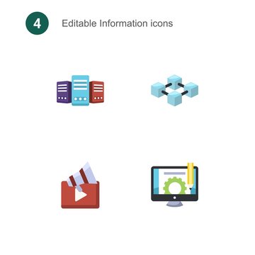 4 information flat icons set isolated on . Icons set with Big data, blockchain, Video marketing, Content management icons.