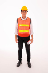 Young asian male construction worker in orange vest and yellow helmet. Isolate on white background.