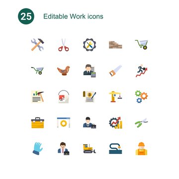 25 work flat icons set isolated on . Icons set with tools, Scissors, Repair service, Wheelbarrow, Toys making, Accountant, Data mining, paint bucket, Smart Contract, toolbox icons.
