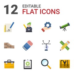 12 instrument flat icons set isolated on white background. Icons set with Sketching, graphic designer, Services, brickwork, Eraser, Astronomy, toolbox, project, Magnifier icons.