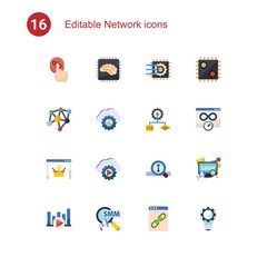 16 network flat icons set isolated on . Icons set with Click Through Rate, Artificial Intelligence, Machine learning, Neural network, cloud computing, Algorithm, ecommerce solutions icons.