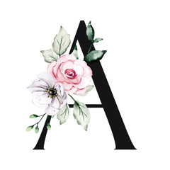 Letter a, monogram, initial with watercolor flowers roses and leaf. Floral alphabet perfectly for wedding invitation, greeting card, logo, poster and other. Holiday design letters, hand painting.