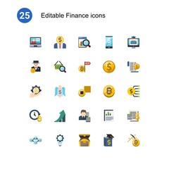 25 finance flat icons set isolated on . Icons set with eCommerce solutions, Entrepreneurship, Web analytics, rich man, Marketing research, Initial Coin Offering, fintech industry icons.
