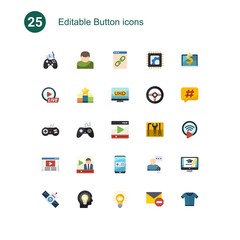 25 button flat icons set isolated on . Icons set with In-game Advertising, User, Web Link, Live Event Streaming, Ranking, 4K Streaming, joystick, Gaming, media player, Video blog icons.