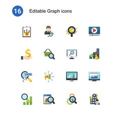 16 graph flat icons set isolated on . Icons set with Business Planning, tax consultant, Marketing analytics, investment, Marketing research, analytics app, Social Marketing icons.