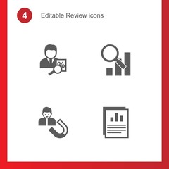4 review filled icons set isolated on . Icons set with tax consultant, Semantic Analysis, User Engagement, Annual report icons.