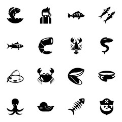 16 ocean filled icons set isolated on white background. Icons set with Seafood, Diving, perch, tuna, shrimp, lobster, Fishing, crab, sardine, eel, octopus, seafood, fish bone icons.