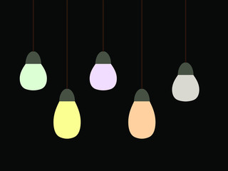 Five lamps of different glow on a black background