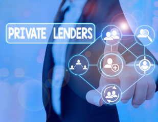 Text sign showing Private Lenders. Business photo text a demonstrating or organization that lends...
