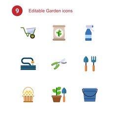 9 garden flat icons set isolated on . Icons set with wheelbarrow, fertilizer, Spray bottle, Garden hose, Garden pruner, Gardening tools, flower basket, Gardening, Bucket icons.