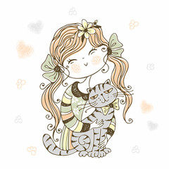 Cute girl with cats. Kittens my love. Vector