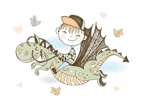 A little boy in a baseball cap is flying on a fairy-tale dragon. Vector