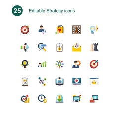 25 strategy flat icons set isolated on . Icons set with Target, social media specialist, Brand engagement, Call To Action, Social Marketing, Business Planning, Marketing analytics icons.