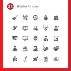 25 art filled icons set isolated on . Icons set with Guitar playing, Pencil & ruler, Creative people, Origami, Digital illustration, Brain storm, Presentation, Aspect Ratio icons.