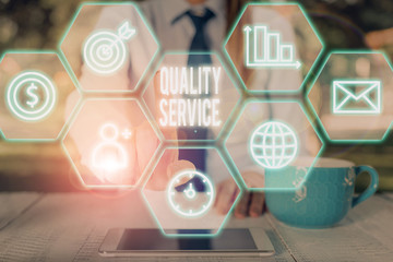 Writing note showing Quality Service. Business concept for delivered service conforms to the client...