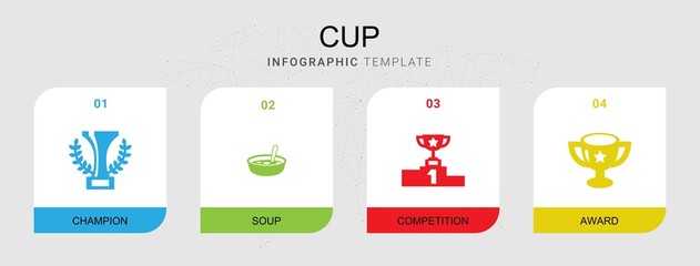 4 cup filled icons set isolated on infographic template. Icons set with champion, Soup, competition, award icons.