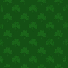 Grunge pattern with signs of shamrocks. Square green shade backgrop.