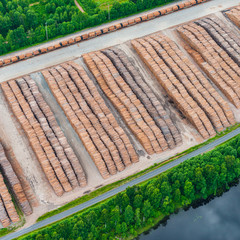 Aerial view of piles of timber, Sweden,
