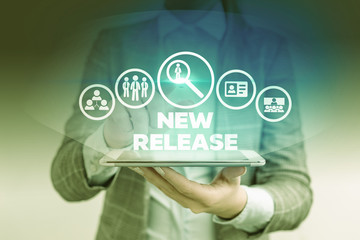 Word writing text New Release. Business photo showcasing announcing something newsworthy recent...