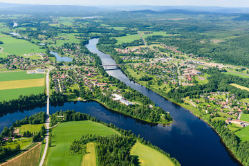 Aerial view of fields and river, Djurås, Dalarna, Sweden