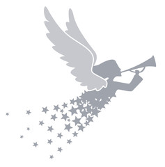 a silver colored angel with a trumpet and a dress of stars