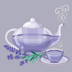 Teapot and Cup of Herbal Lavender Tea