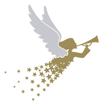 a gold colored angel with a trumpet and a dress of stars