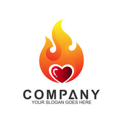 hot heart, passion symbol, burning heart, fire + heart logo design concept