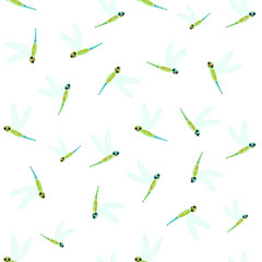 Seamless pattern with cute cartoon dragonflies in different directions on white background. Flat vector illustration.