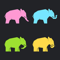 Set of multi-colored elephants in different poses on a dark background, vector illustration