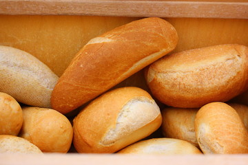 freshly baked oval buns in a basket