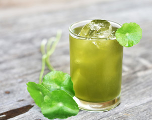 Fresh Gotu kola juice ice cool drink with green leaves on wooden table