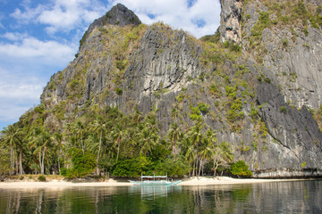 Traditional philippinian boat near idyllic beach with palm trees and mountain. Tropical landscape...