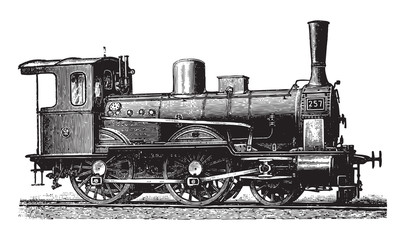 Old locomotive / vintage illustration from Brockhaus Konversations-Lexikon 1908