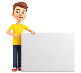Cheerful cartoon character guy on a white background points to a blank board. 3d render illustration.