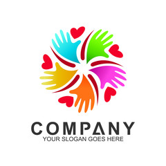 Obraz premium community care vector, people group, social relationship icon, charity symbol, human caring, kids and adoption logo, people teamwork, colorful and circular people logo design template
