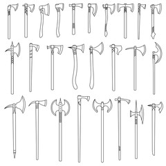 Set of simple monochrome vector images of medieval axes and hatchets drawn by lines.